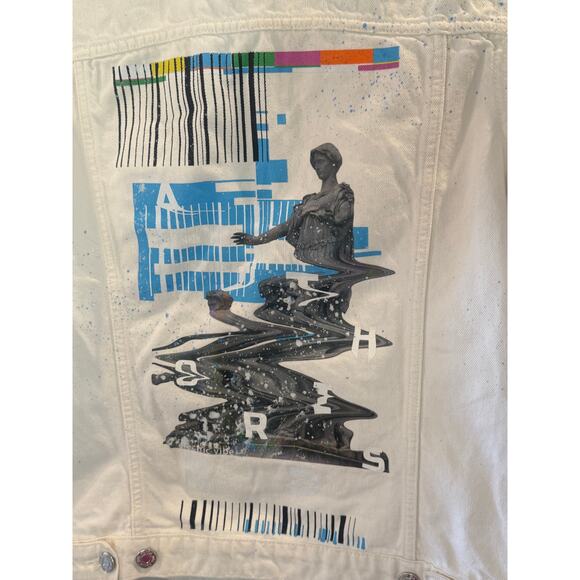 ZARA Man White Denim Jacket Sz S Barcode Abstract Art Print Graphic Streetwear - Picture 4 of 9
